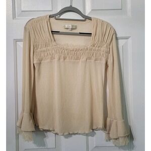 90/Y2K Bette Paige Cream‎ Smocked Fairy Cottagecore Peasant Top Boho Bell Sleeve